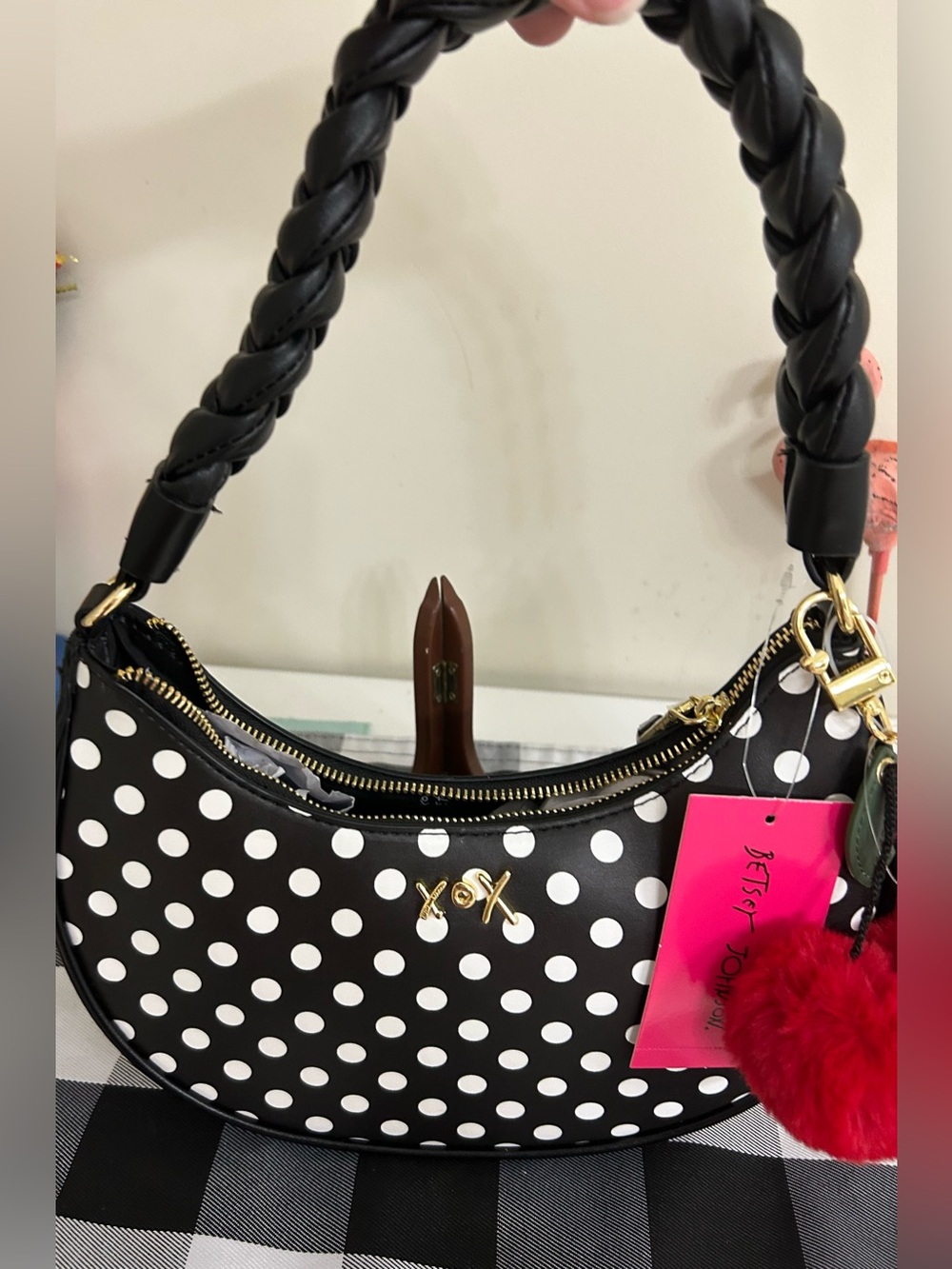 Betsey Johnson Black and White Polka Dot Shoulder Bag with Pink Tag and Red Pom